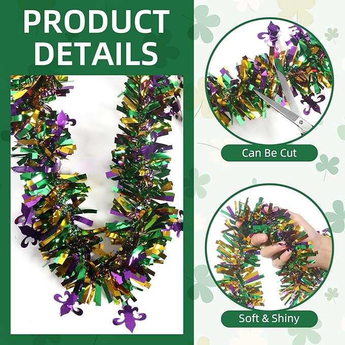 50 Feet Mardi Gras Tinsel Garland Gold Green Purple Mardi Gras Christmas Tree Tinsel Garland Metallic Twisted Hanging for Oktoberfest Birthday Party Decoration, A