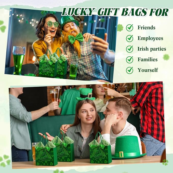 Moinchore 30 Pcs St Patrick's Day Gift Bags Bulk with Handles Bow Ribbon Wrap 5.5 x 4.7 x 2.5 in Green Shamrock Goodie Bags Irish Holiday Party Favors Supplies for Candy Snacks