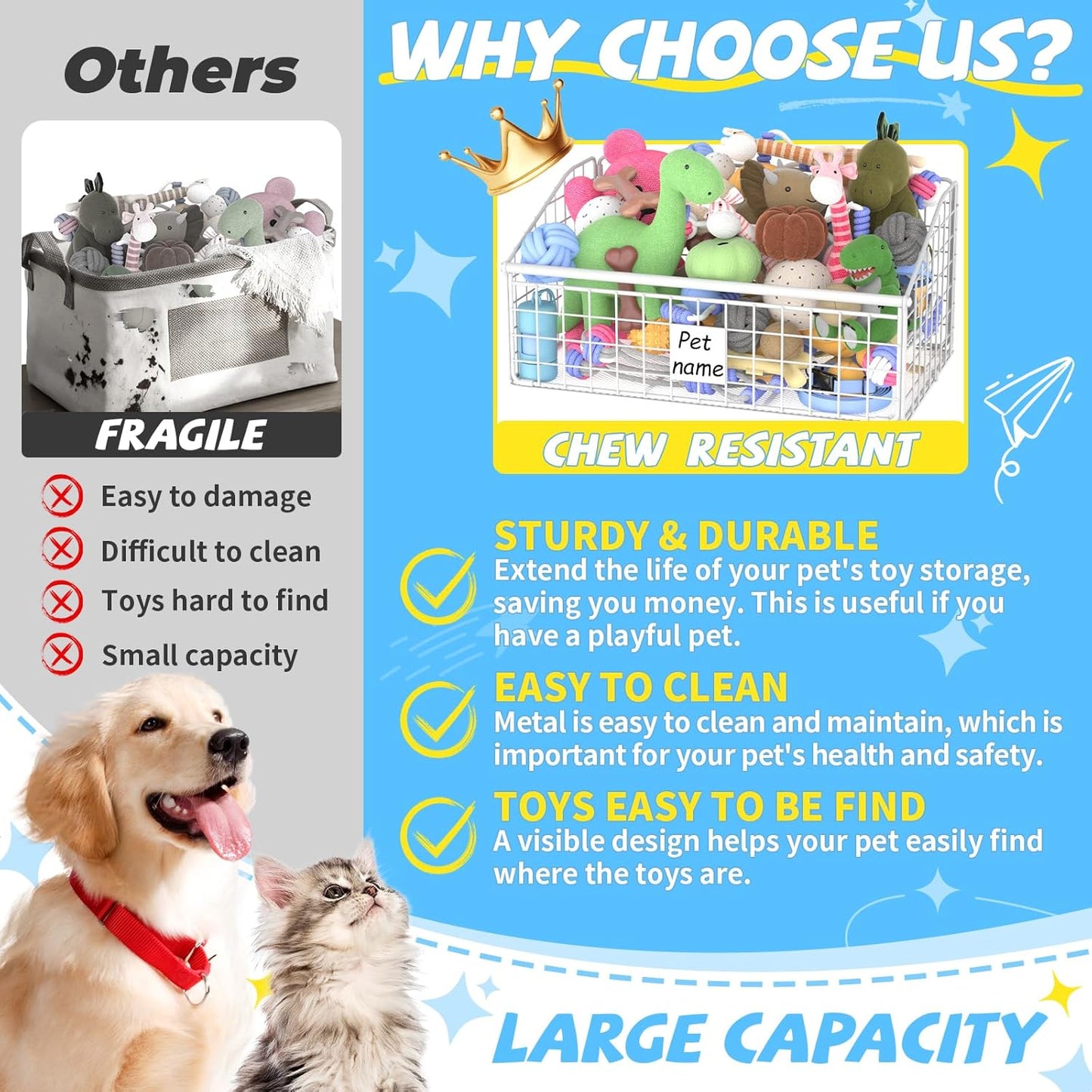 Indestructible Dog Toy basket, Medium Toy Box for Dogs,Pet Toy Bin Dog Metal Basket for Toys, Dog Toy Storage, Dog Storage Organizer,Dog Toy Box for Living Room Area (White)