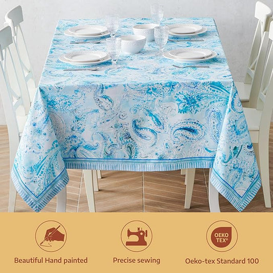 Maison d' Hermine Premium Table Cloth Rectangle Table 100% Combed Cotton 140 x 70 Inches Tablecloth Reusable Decorative for Dining Room, Farmhouse, Home, Party, Festive & Wedding - Paisley Blues