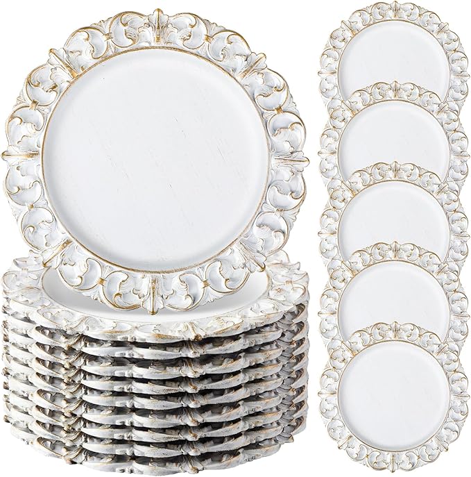 30 Pcs Antique White Charger Plates Bulk 13 Inch Embossed Rim Plastic Round Decorative Vintage Plates Charger for Dinner Wedding Party Event Table Setting Decoration (Vintage)
