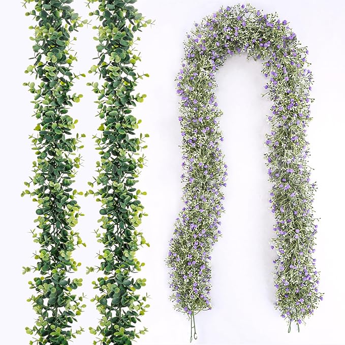 4PCS Faux Eucalyptus Garland Plant, Artificial Baby Breath Flower Vines Hanging Leaves Vines Hanging Leaves Greenery Wedding Backdrop Arch Wall Decor, Indoor Outdoor 5.8 Ft（Purple & Green）