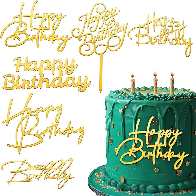 6Styles Gold Happy Birthday Cake Topper, Mirror Acrylic Happy Birthday Sign for Cake Side Decoration Plaque, Glitter Gold Happy Birthday Sign Cake Topper Set for Cake Party Decorating Supplies