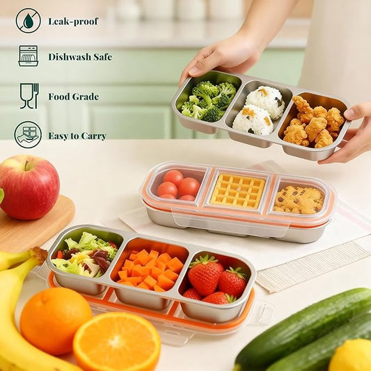 QCQHDU Snack Containers, Reusable Stainless Steel 3 Compartment Condiment Metal Bento Lunch Box with Lids, Divided Snack Food Storage Lunchable Containers for Home, Work, Travel, Camping, 1 Pack