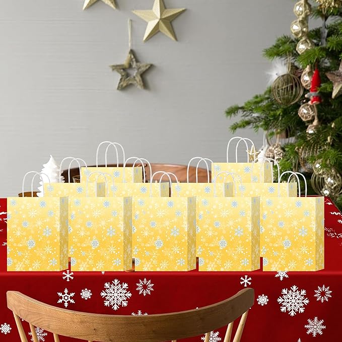 HongXingHai Christmas Gift Bags with Handles, 16 Pack Kraft Paper Bags with Snowflake Design, Reusable Holiday Party Favor Bags for Christmas, Winter Birthday, Wedding, Shopping, Small Gifts