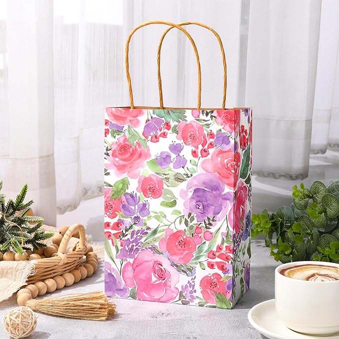 JarThenaAMCS 24Pcs Floral Kraft Paper Bags with Handles Summer Watercolor Purple Flower Treat Gift Bag Blossom Candy Goodie Bag for Wedding Birthday Baby Shower Party Favors Supplies