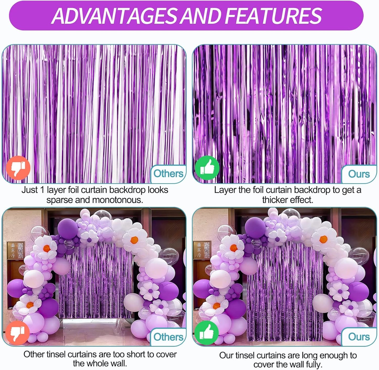 Crosize 5 Pack 3.3 x 9.9 ft Purple Foil Fringe Curtains Party Decorations, Purple Tinsel Curtain Backdrop for Parties, Door Streamers, Glitter Streamer Backdrop for Birthday Decoration