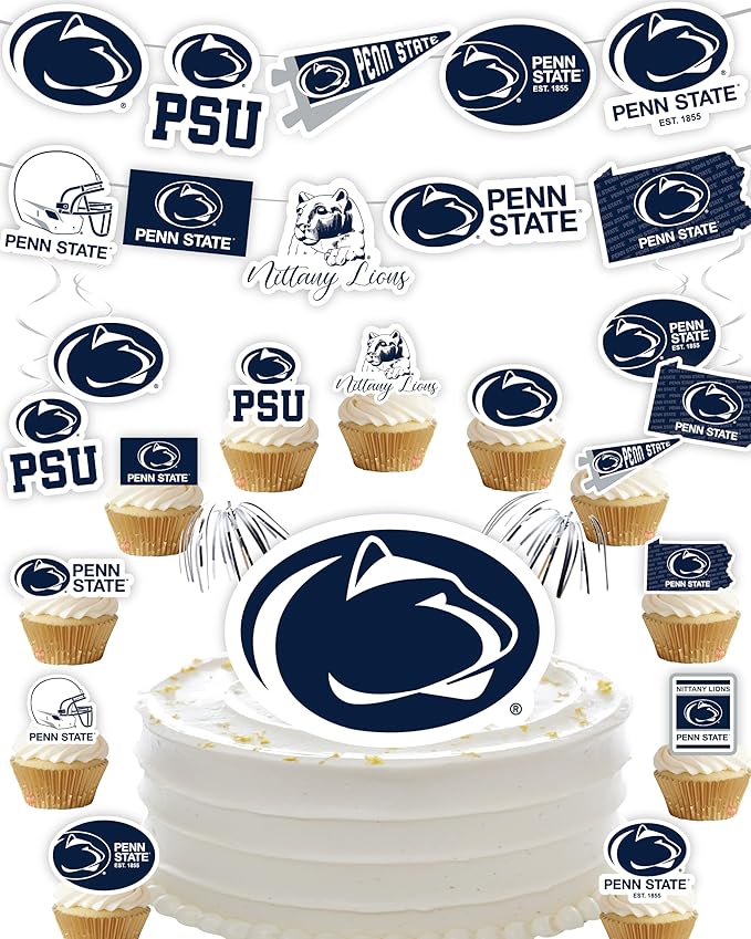 PSU Party Supplies for Football, Birthday Gift, Graduation Party Banner and Cake Toppers (42 Pieces) (Penn State Nittany Lions)
