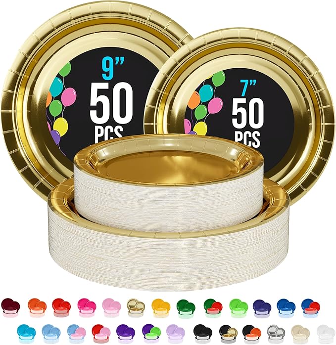 Exquisite Gold Paper Plates Disposable Heavy Duty 100 Pcs - 50-7" & 50-9" Gold Disposable Plates For Party Heavy Duty Paper Plate 350 GSM Birthday Party Supplies Plate Set