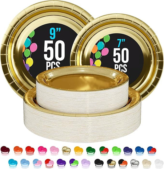 Exquisite Gold Paper Plates Disposable Heavy Duty 100 Pcs - 50-7" & 50-9" Gold Disposable Plates For Party Heavy Duty Paper Plate 350 GSM Birthday Party Supplies Plate Set