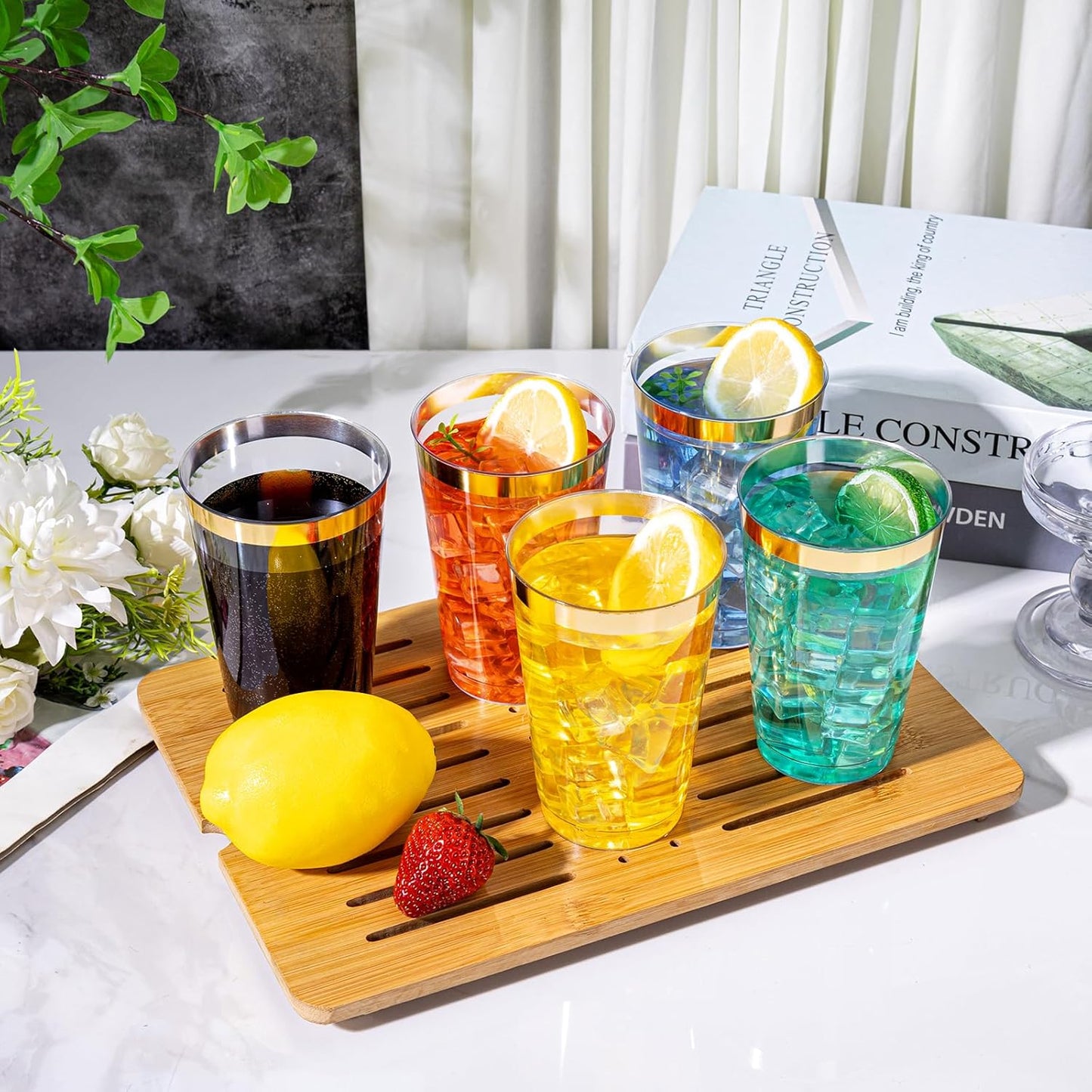 I00000 50 Pack 14 oz Gold Plastic Cups, Gold Disposable Cups Tumblers, Disposable Plastic Wine Glasses Cocktail Glasses Perfect for Wedding, Halloween, Thanksgiving, Christmas Parties