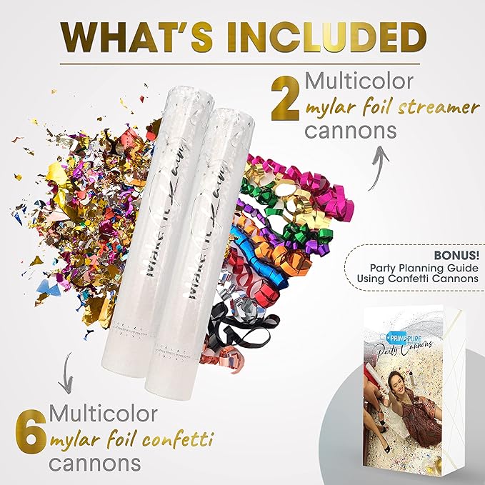 PrimePure Confetti Cannon Party Poppers - Metallic Foil Multicolor Confetti Poppers & Streamers - 8 Pack - Party Cannon Glitter Bomb Pop Gun for Birthday, Graduation, Celebration, Pranks