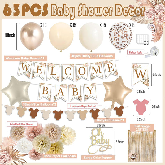 Champagne Baby Shower Decorations- Boho Baby Shower Decor Set with- Welcome Baby Banner, Clothes Banner, Cake Topper, Tissue Pom Poms, Beige Gold Balloons | Neutral Baby Boy Girl Shower Decorations