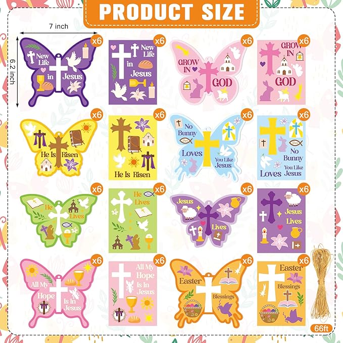 Frienda 48 Set Spring Butterfly Crafts Kit for Kids Christian Religious Butterfly Paper Craft with Stickers Sunday School DIY Kits Make Your Own Decor for Church Party VBS Classroom Activity