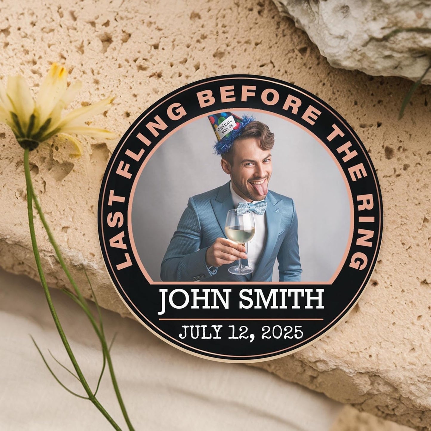 60 Pack Personalized Bachelor Party Coasters, Custom Cardboard Drink Coasters with Photo Print and Text, Fun Bachelor Party Favors and Gifts, 3.95" Round, Design 4