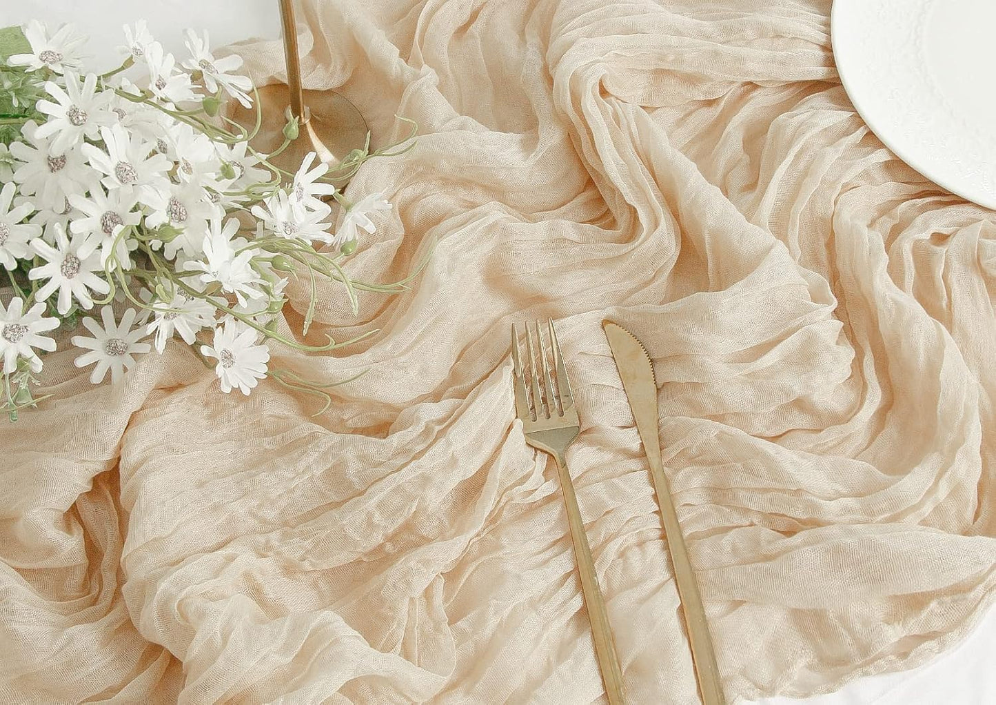 FEXIA 10 Pack Beige Gauz Table Runner 35x120 Inches Ivory Cheesecloth Rustic Boho Table Runner for Bridal Shower Wedding Party First Communion Centerpiece Engagement Rustic Boho Decoration