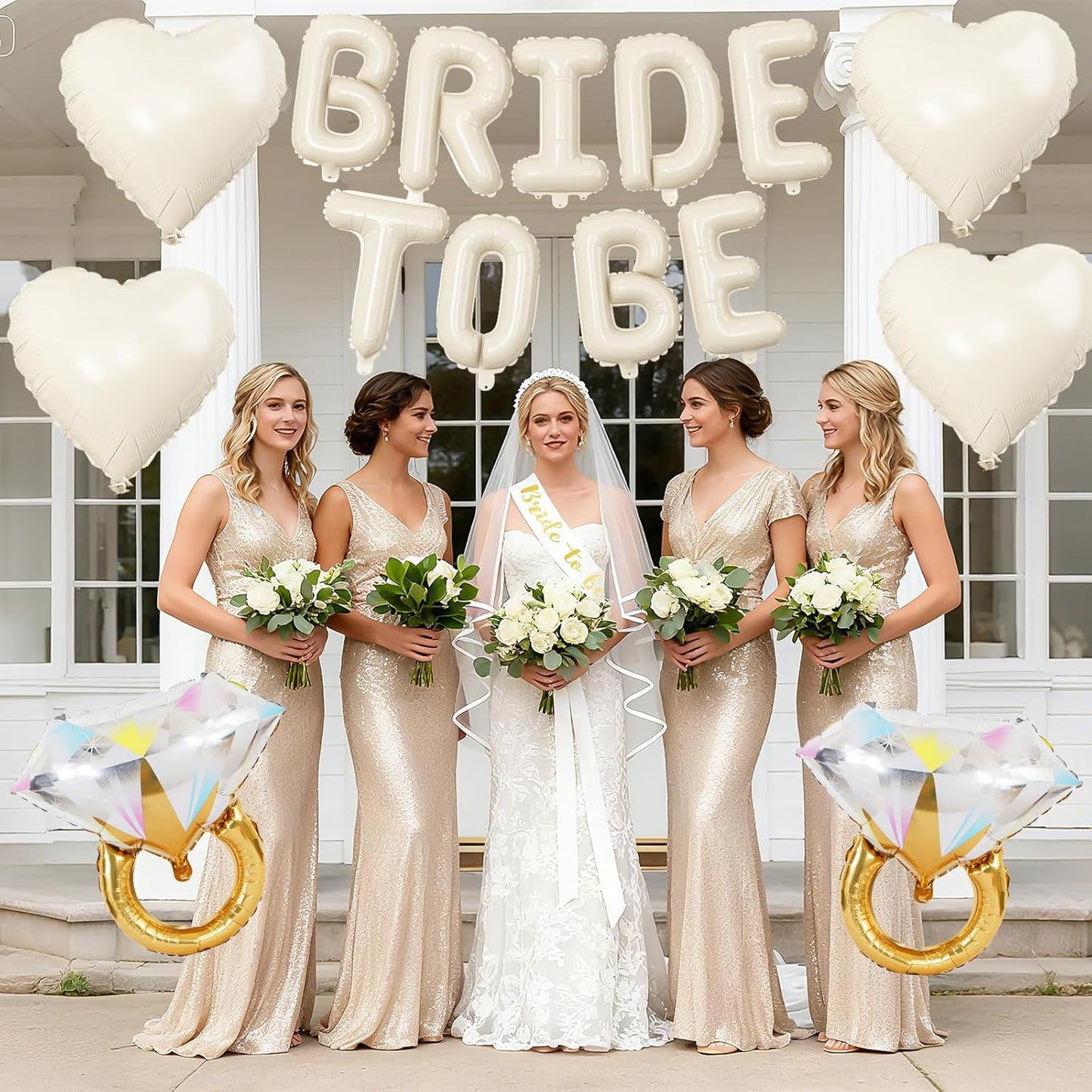 Sand White Bachelorette Party Decorations, Cream White Bride To Be Banner Heart Balloons with Diamond Ring Foil Balloon, Bride To Be Sash&Veil for Bachelorette Engagement Bridal Shower Party Supplies
