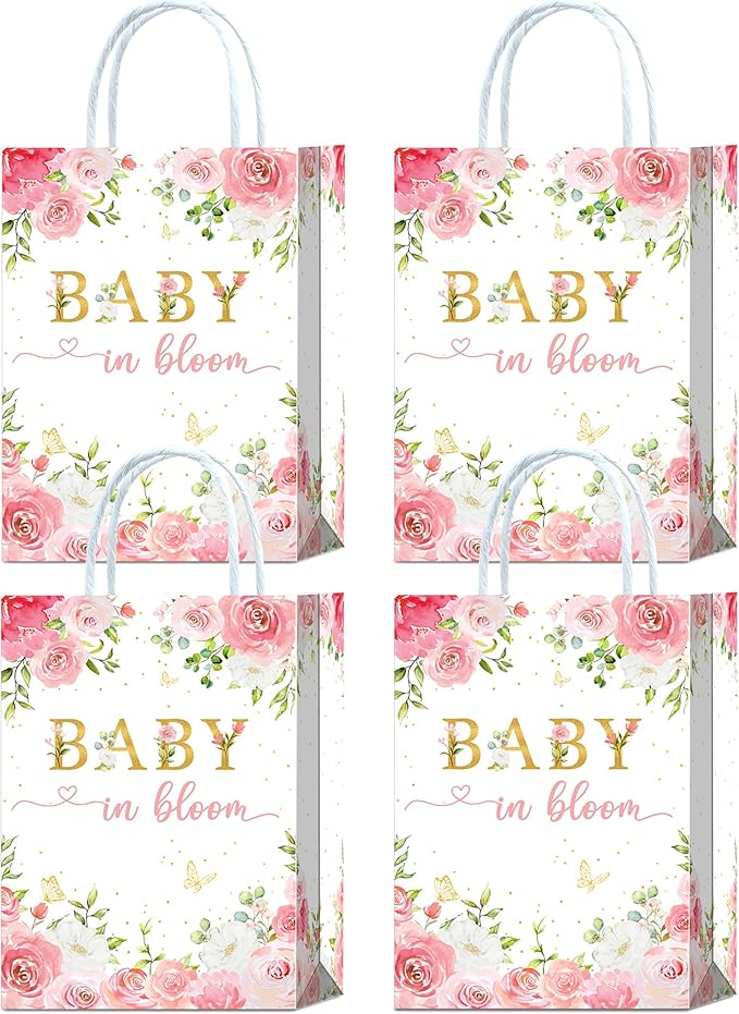 Tyndallrays 16-Piece Floral Baby Shower Favors: Bags with Handles for Girls' Shower or Reveal Party Treats