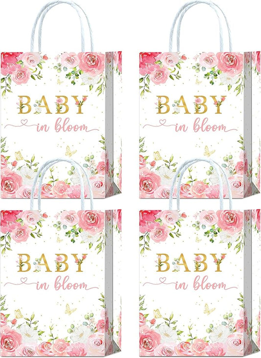 Tyndallrays 16-Piece Floral Baby Shower Favors: Bags with Handles for Girls' Shower or Reveal Party Treats