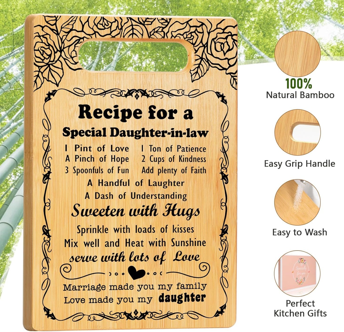 Gifts for Daughter in Law Cutting Board Set, "Recipe for a Daughter-in-Law" Christmas Birthday Gifts for Daughter in Law with Engraved Utensil, Daughter-in-Law Gift from Mother-in-Law Christmas