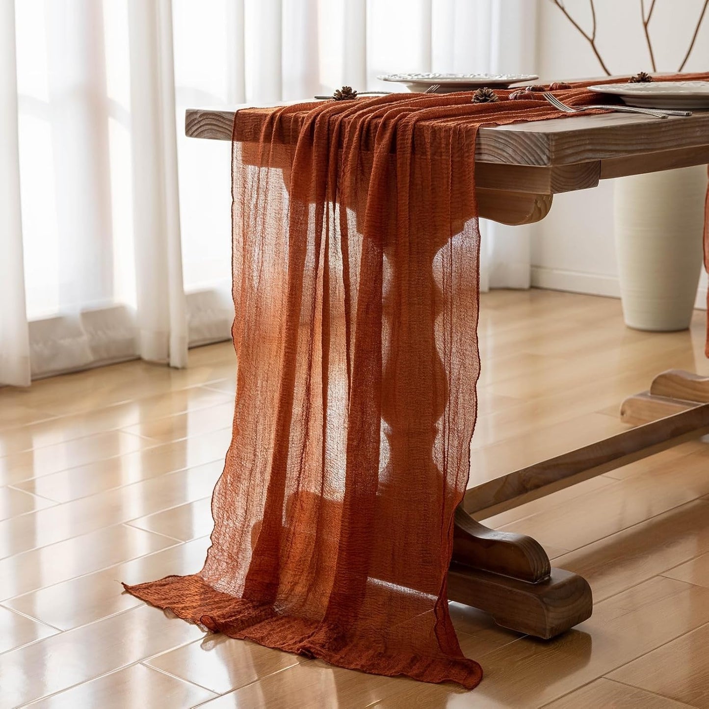 Thanksgiving Fall Table Runner Terracotta Gauze 120 Inch 10 FT Rustic Burnt Orange Sheer Cheese Cloth for Bridal Shower Friendsgiving Party Centerpiece Decor Fall Decorations for Home