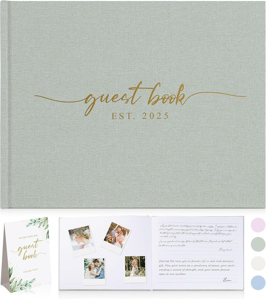Wedding Guest Book with Personalized 2025 Year - Linen Photo Guest Book for Wedding Reception Bridal Shower Guests to Sign - 100 Pages Blank and Lined Acid Free Paper (Sage Green)