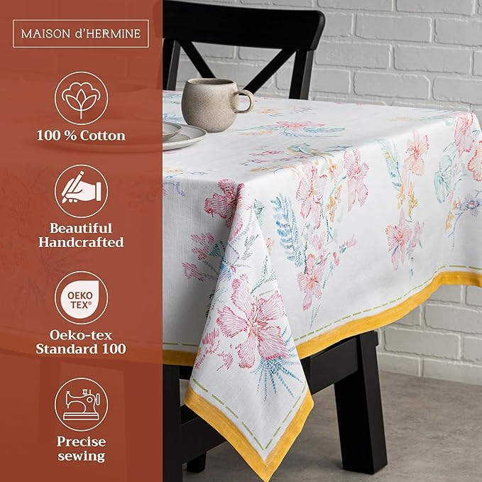 Maison d' Hermine Table Cloth Square Table 100% Cotton 60 x 60 Inches Tablecloth Reusable Decorative for Dining Room Farmhouse Home Valentines Day Decorations Spring Summer - Paradise Island