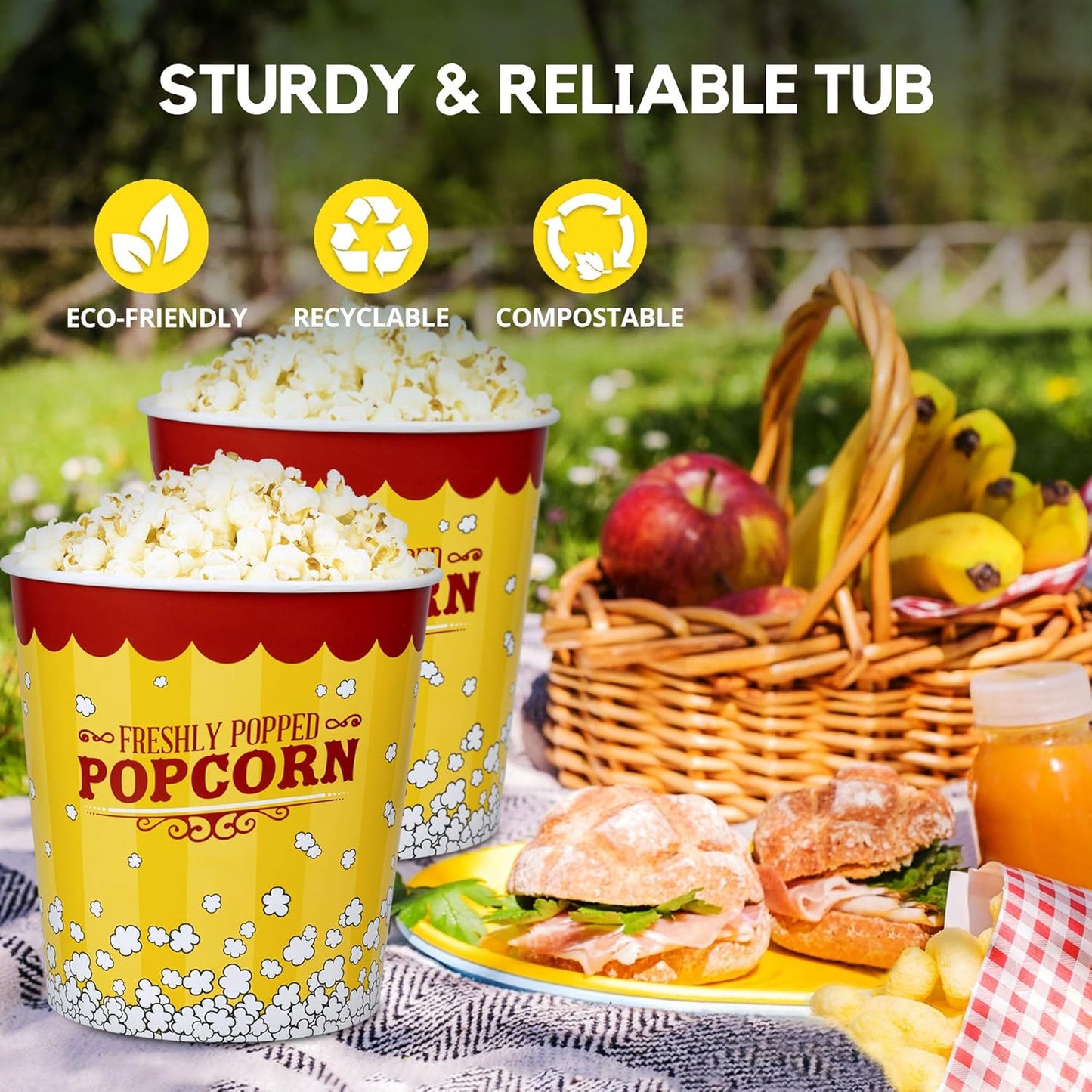 Fit Meal Prep 25 Pack Large Popcorn Buckets Disposable, 130 Oz Yellow and Red Paper Popcorn Containers Tubs for Home and Theater Movie Night