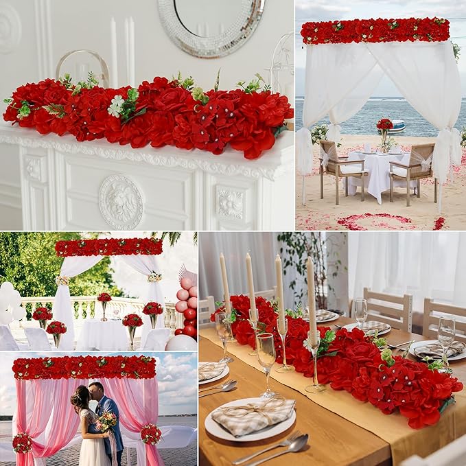 Wedding Arch Artificial Flowers Panels- 10Pack Faux Floral Swags Rose Silk Realistic Arch Faux Hydrangea Row Arrangement for Romantic Event Wall Reception Ceremony Welcome Sign Decor-Red