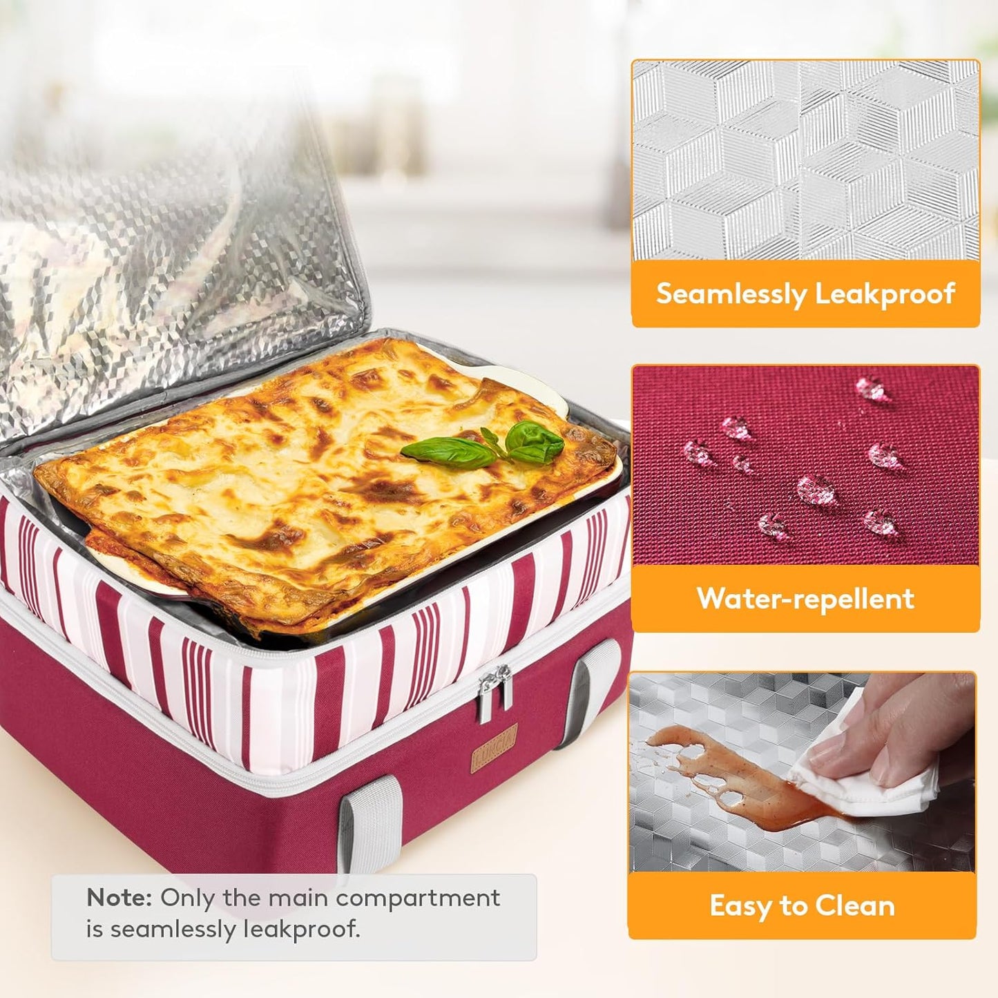 LUNCIA Double Decker Insulated Casserole Carrier for Hot or Cold Food, Lasagna Lugger Tote for Potluck Parties/Picnic/Cookouts, Fits 9"×13" Baking Dish, Red