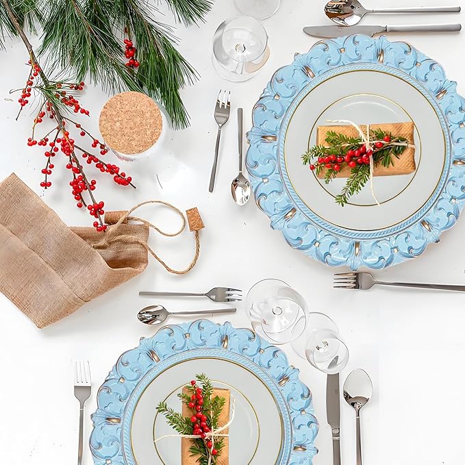 6 Pack Blue Charger Plates 13" Round Charger Plates for Dinning Plates with Embossed Rim Plastic Charger for Dinner, Wedding, Elegant Tableware Decor