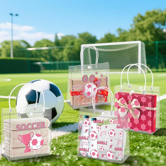 H1vojoxo Pink Soccer Gift Bags - 24PCS Pink Soccer Clear Goodie Bags with Handle 7.9x3.2x7.9 Inch Clear PVC Treat Bag for Team Girls Ball Themed Candy Snack Goody Bag for Sport Birthday Party Favor