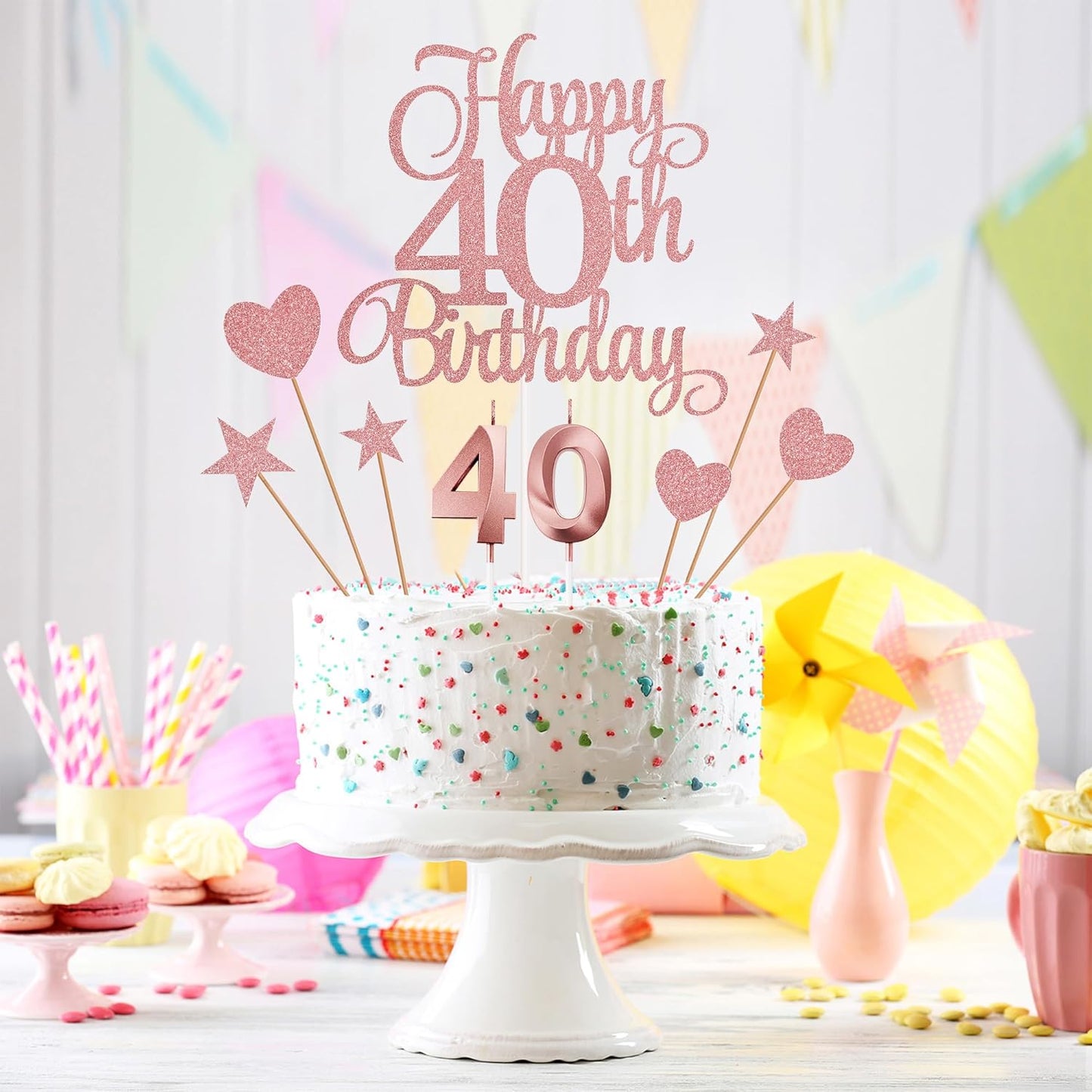 40th Birthday Cake Decorations, 40th Birthday Candles Cake Numeral Candles and Glitter Happy 40th Birthday Cake Toppers Set for Birthday Party Supplies (Rose Gold)