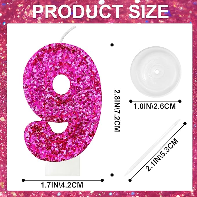 Zailo Birthday Number Candles, Glitter Number Candle Cake Decorations with Sequins, Cupcake Decorations for Girls, Women, Party Anniversary Celebrations (Number 9, Bright red)
