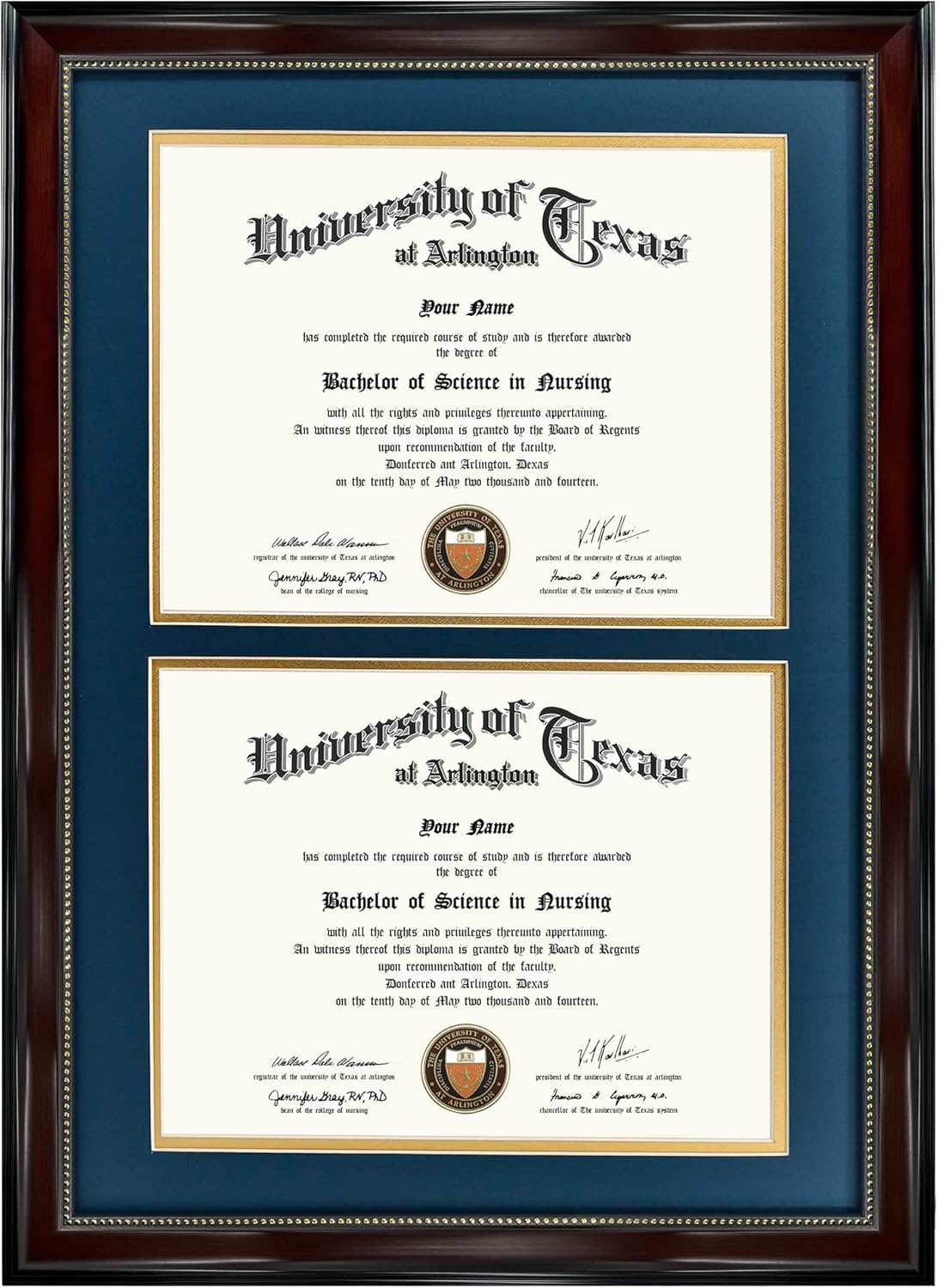 GraduationMall 14x20 Double Diploma Frame, Display 8.5x11 Certificate with Navy over Gold Mat,UV Protection Acrylic,Mahogany with Gold Beads