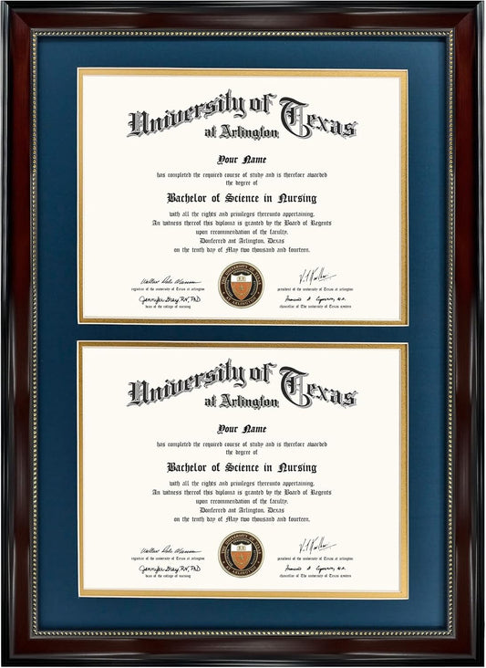 GraduationMall 14x20 Double Diploma Frame, Display 8.5x11 Certificate with Navy over Gold Mat,UV Protection Acrylic,Mahogany with Gold Beads