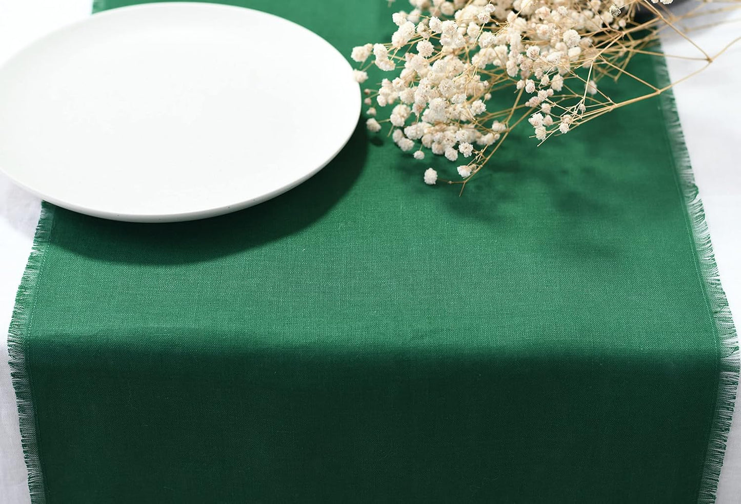 Christmas Table Runner with Fringe- 14x90 Inch Green, 100% Pure Linen Christmas Runner for Table, Green Table Runner for Winter – Machine Washable, Handmade