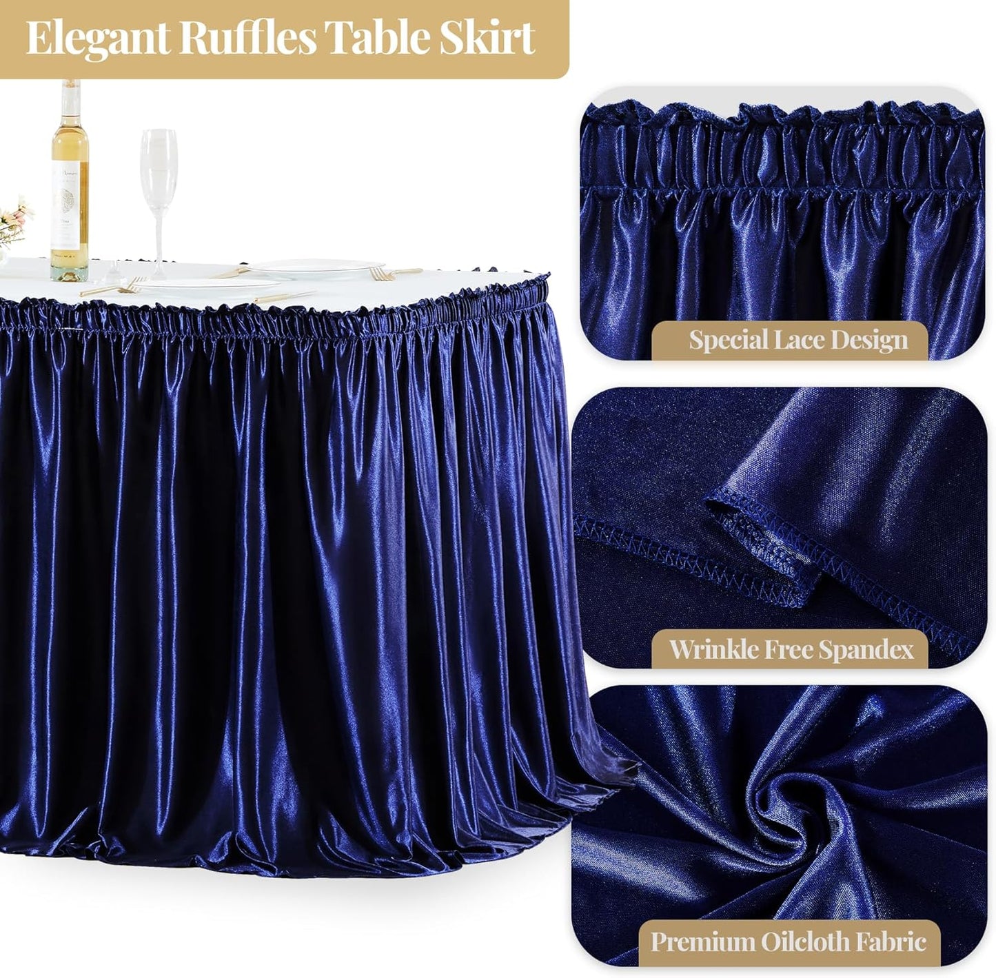 Wish Care 14ft Navy Blue Satin Table Skirt for Rectangle Tables Wrinkle Free Glitter Desk Skirts Pleated Ruffle Table Cloth for Wedding Birthday Baby Shower Party Banquet Buffet Cake Table Decorations