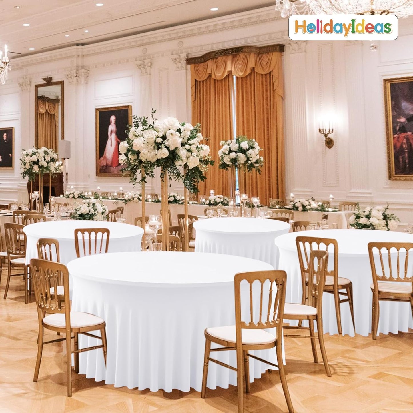 HolidayIdeas White Spandex Wedding Tablecloths for 60in Round Table, 5ft Fitted Stretch Table Skirts 120 Inch, Wrinkle-Free Ruffle Design Tablecloths for Banquets,Trade Shows, Parties, Events, 4 Pack