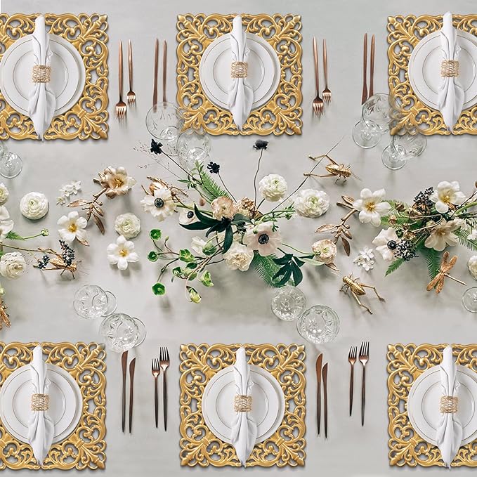 MAONAME 12" Gold Charger Plates Set of 6, Mirror Charger for Dinner Plates, Plastic Plate Chargers with Embossed Rims, Square Chargers for Table Setting, Wedding