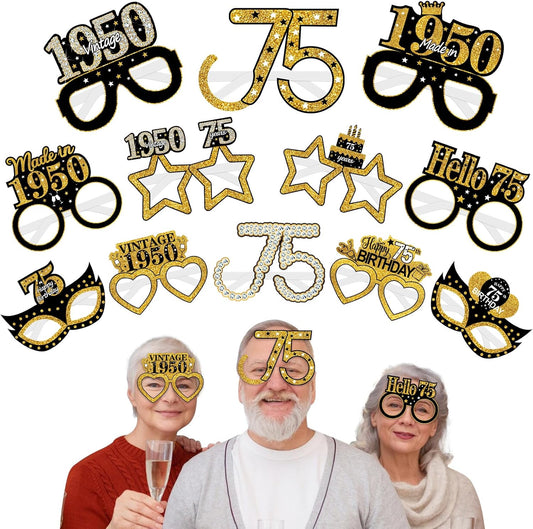 24Pcs 1950 75th Birthday Paper Glasses Decorations for Men Women - Black Gold Happy 75th Birthday Paper Eyeglasses Photo Props, Vintage 1950 Seventy-Five Years Old Birthday Party Supplies