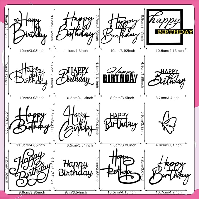 15 PCS Black Happy Birthday Cake Toppers Acrylic Mirror Inserts for Cakes Cupcakes Desserts 15 Styles
