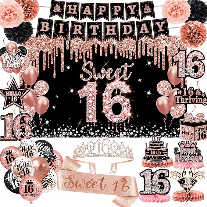 Sweet 16 Party Decorations – 16th Birthday Decorations Backdrop, Banner, Honeycomb Centerpieces, Hanging Swirls, Foil & Latex Balloon, Cake & Cupcake Toppers, Sash, Pom Poms