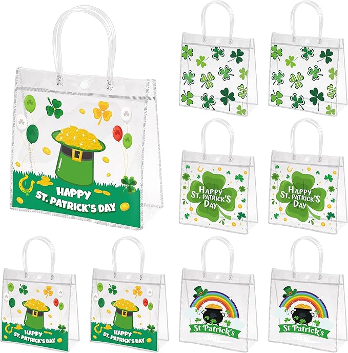 H1vojoxo St. Patrick's Day Gift Bags - 24PCS St. Patrick's Day Clear PVC Gift Bags with Handle for Family Gathering Party Decor Reusable Lucky Clover Goodie Bags Shamrock Bag for Holiday Party Favor