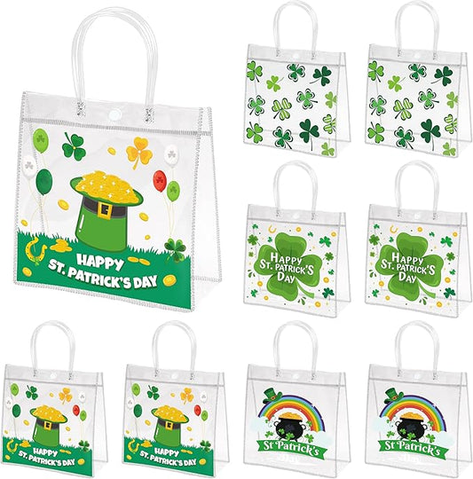 H1vojoxo St. Patrick's Day Gift Bags - 24PCS St. Patrick's Day Clear PVC Gift Bags with Handle for Family Gathering Party Decor Reusable Lucky Clover Goodie Bags Shamrock Bag for Holiday Party Favor