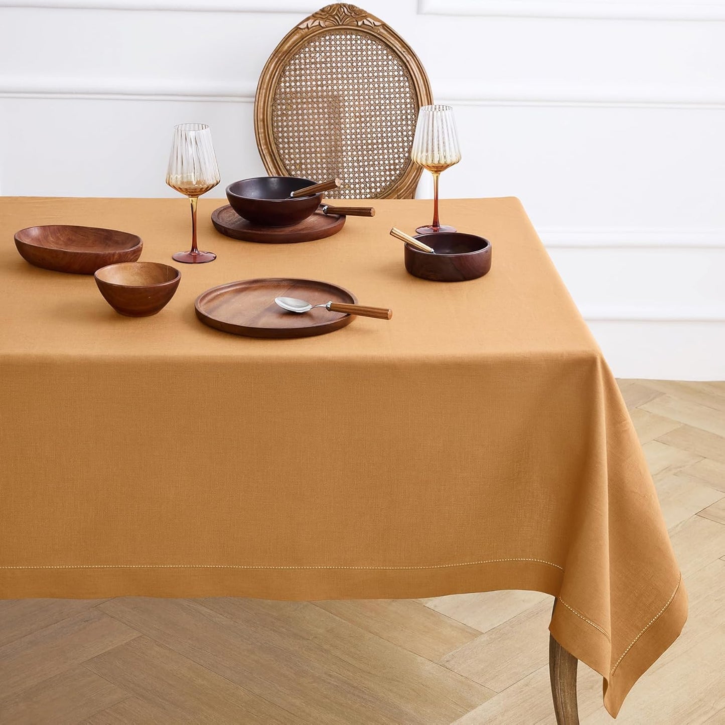 Solino Home Brown Sugar Linen Tablecloth 60 x 120 Inch - Classic Hemstitch, 100% Pure Linen Rectangular Tablecloth - Machine Washable Table Cloth for Fall, Autumn, Thanksgiving