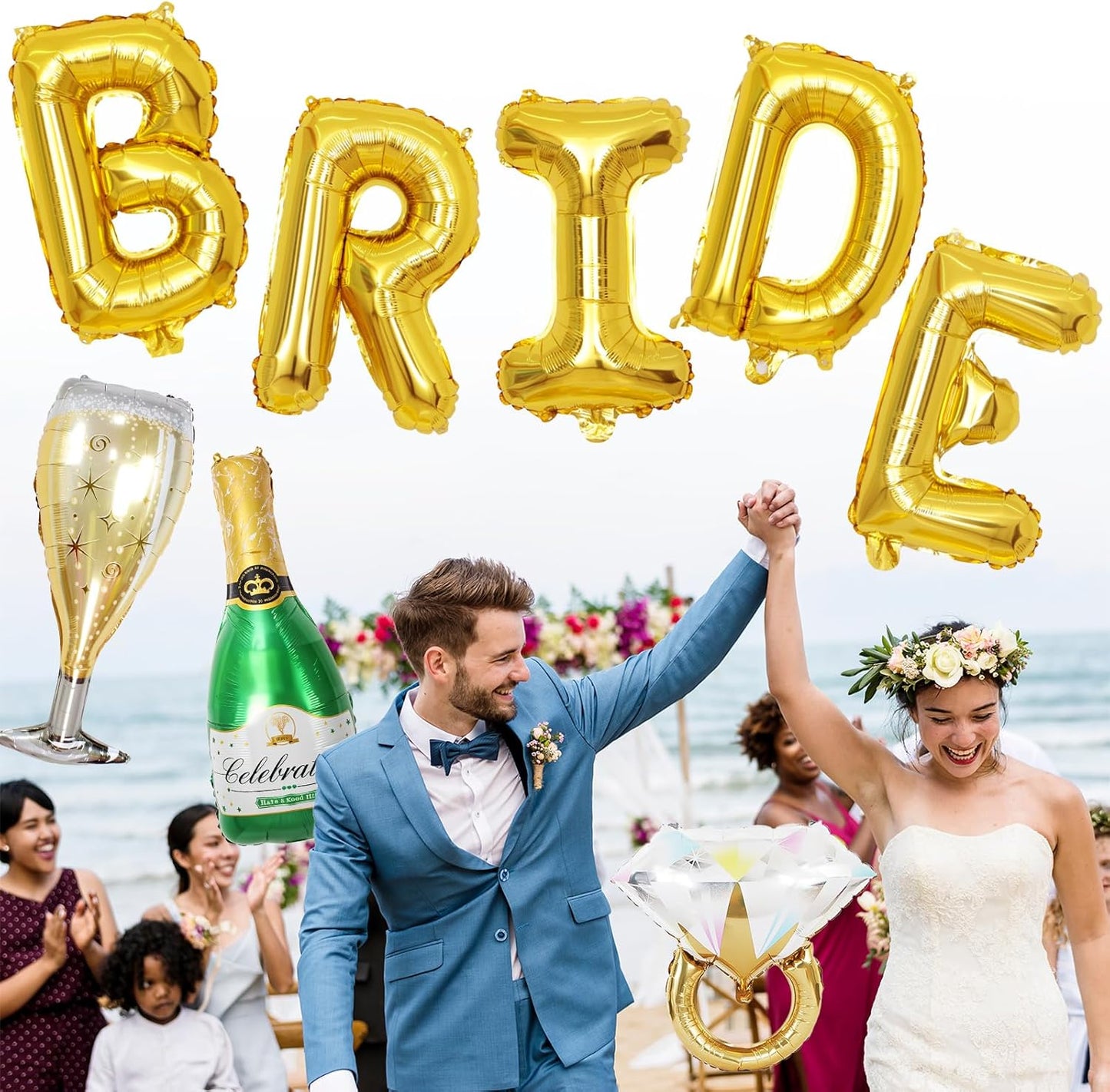 40inch Bride Balloons Gold Letters Banner, Bachelorette Party Decorations Set with Diamond Ring Champagne Bottle Balloon Glass Foil Balloon for Gold Bachelorette Engagement Wedding Bridal Shower Decor