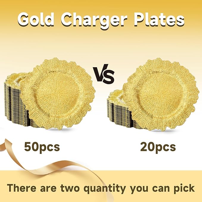 EI 50pcs Gold Charger Plates,13 Inch Charger Plates Bulk,Round Ruffled Rim Chargers for Dinner Plate,Table Chargers for Wedding,Party