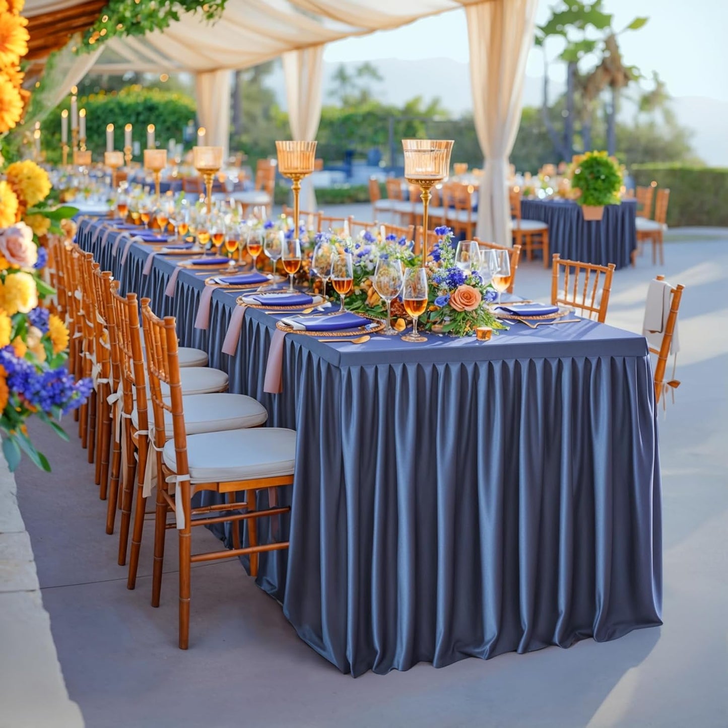 Navy Blue Polyester Table Clothes for 8 Foot Rectangle Tables, Wrinkle Free Fitted Table Cover with Pleated Ruffle Table Skirt for Birthday Party Wedding Trade Show Event Display