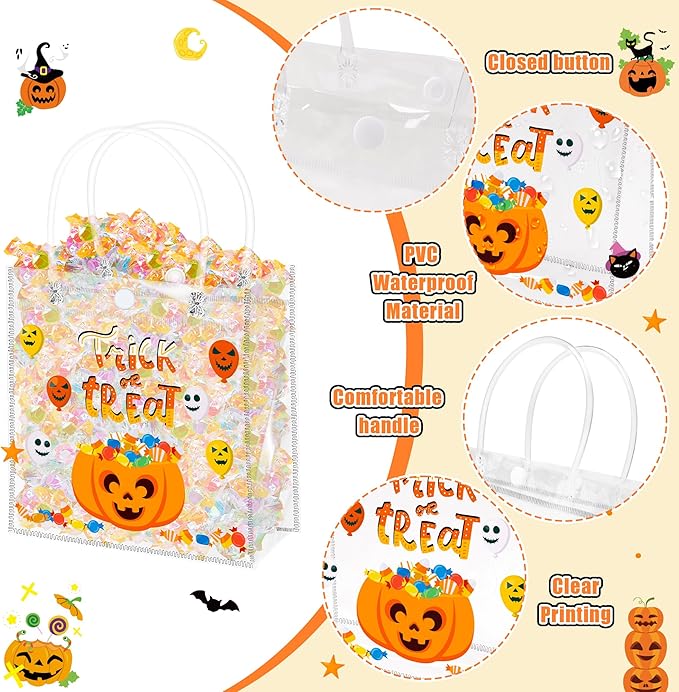 H1vojoxo Halloween Themed Gift Bags - 24PCS Happy Halloween Clear PVC Bags with Handle Reusable Trick or Treat Goodie Treat Candy Tote Bag for Kids Pumpkin Ghost PVC Tote Bag for Party Decoration